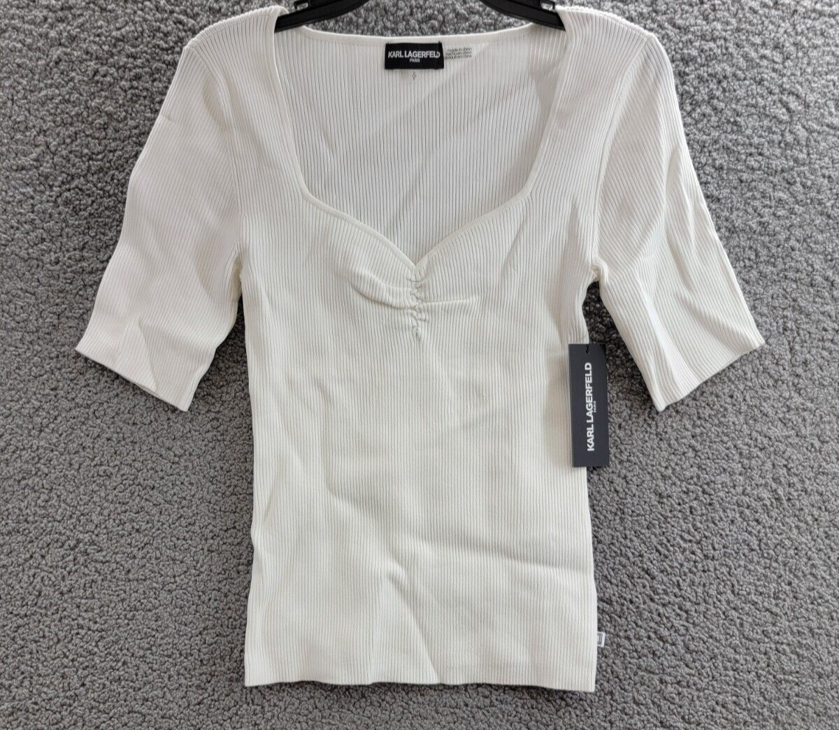 KARL LAGERFELD PARIS Sweetheart-Neck Sweater Women's S Soft White Short Sleeve - Picture 2 of 16