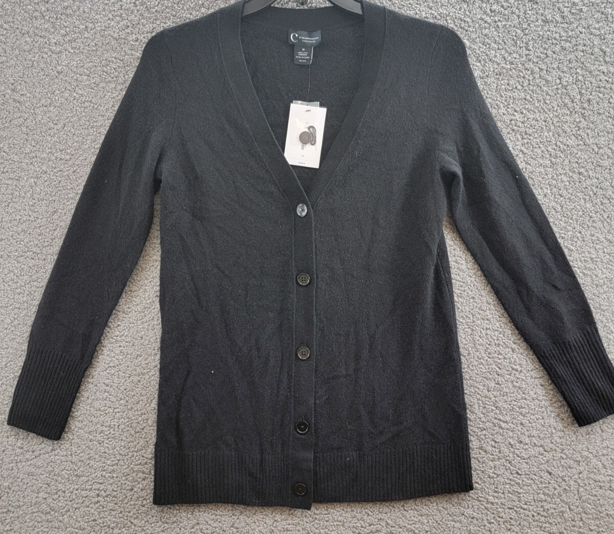 C by Bloomingdale's Cashmere Grandfather Cardigan Women's M Black Button Front - Picture 2 of 18
