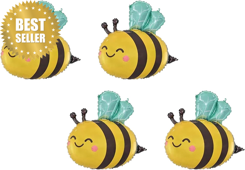 Bee Theme Birthday Balloons, 4 PCS 31 Inch (78.74 Cm) Cute Smile Face Mylar Foil
