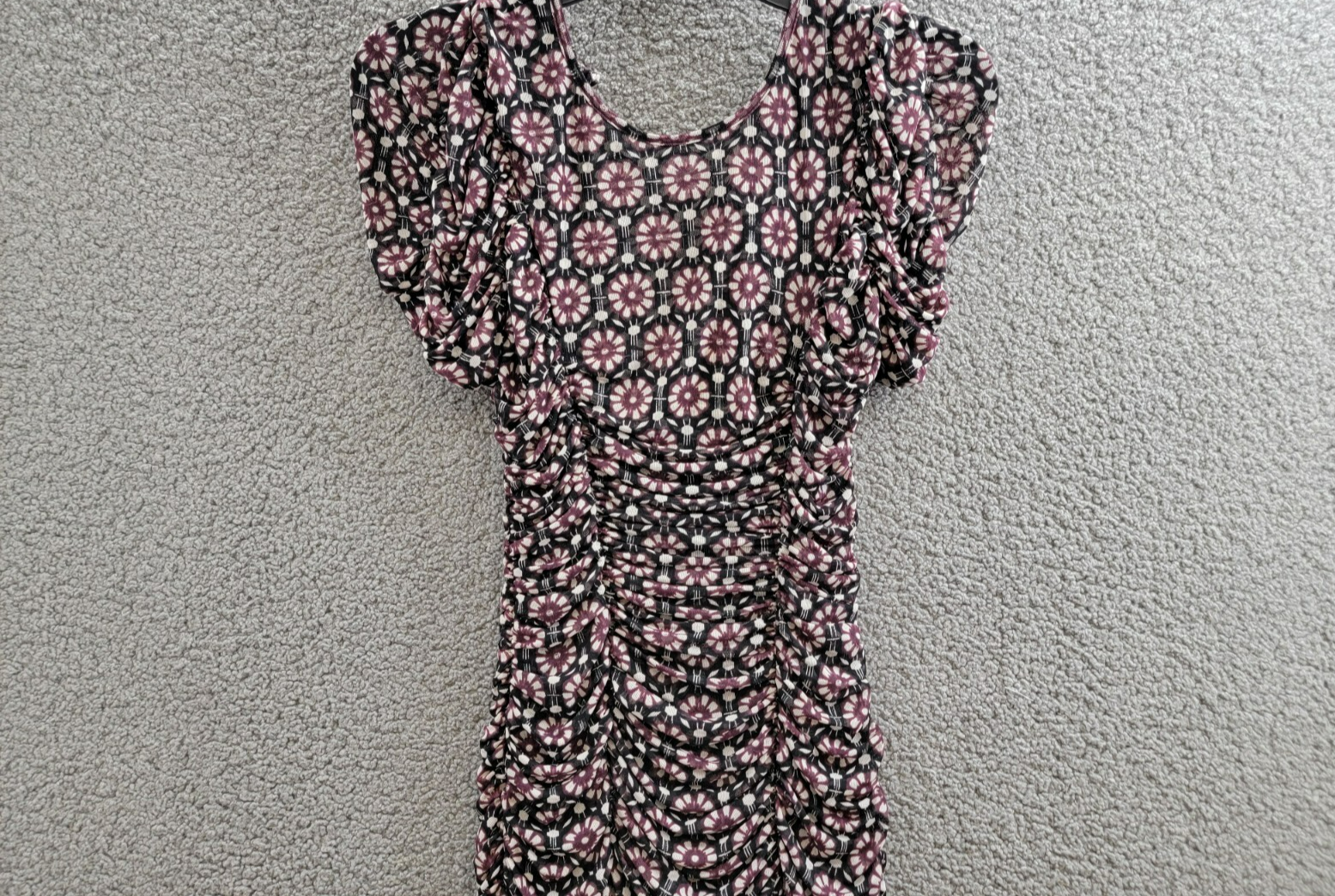 Free People Briella Printed Ruched Midi Dress Women's XS Black Combo Button Back - Picture 3 of 18