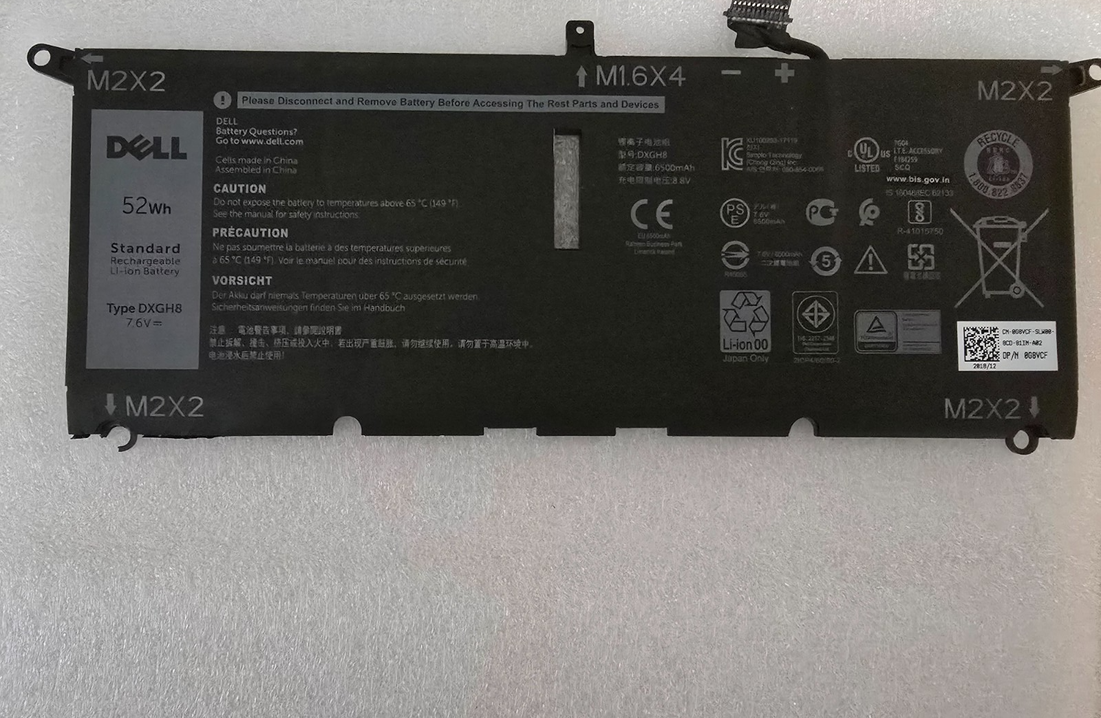 OEM Original Dell XPS 13 9370 9380 Battery 52WH G8VCF 0H754V
