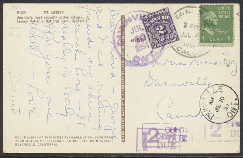 1951 Short Paid Post Card From USA #J16 2c Postage Due Tied Dunnville Ont MOOD