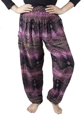 Lofbaz Women's Bohemian Smocked Pants Harem Clothing Hippie Boho Purple Size XL