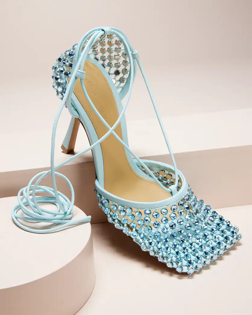 Pre-owned Bottega Veneta Sparkle Stretch High-heel Sandals Retail $1950 In Blue