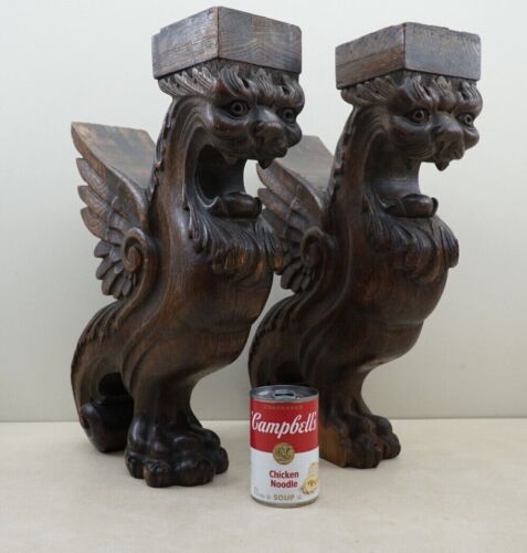 Antique Carved Wood Winged Griffin Gargoyle Corbels Gothic Architectural Salvage