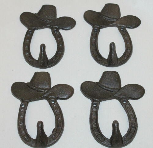 Set of 4 Rustic Cast Iron Western Cowboy Hat Horse Shoe Wall Mounted Coat Hooks 