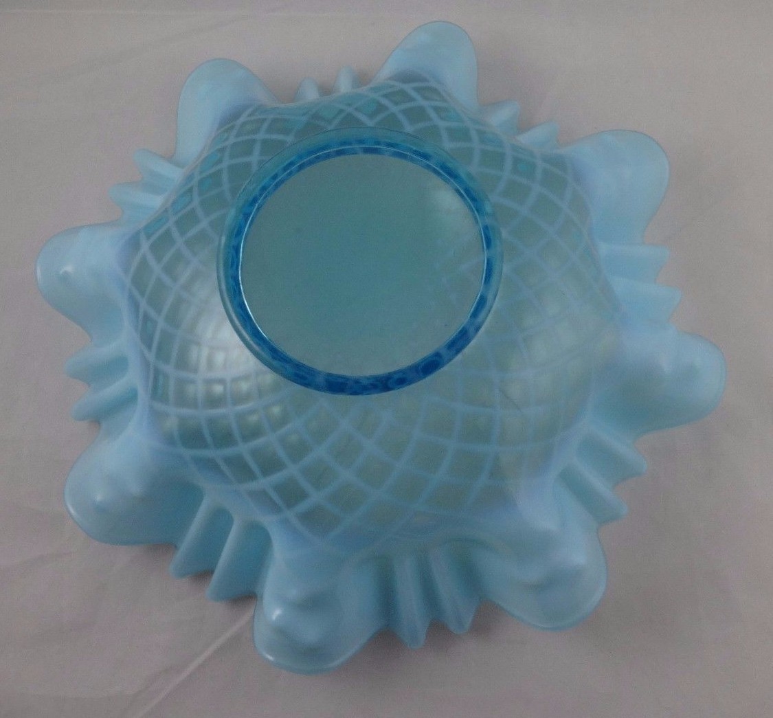 Old Antique BLUE GLASS OPALESCENT LATTICE Pattern BRIDE'S BASKET BOWL Art Glass