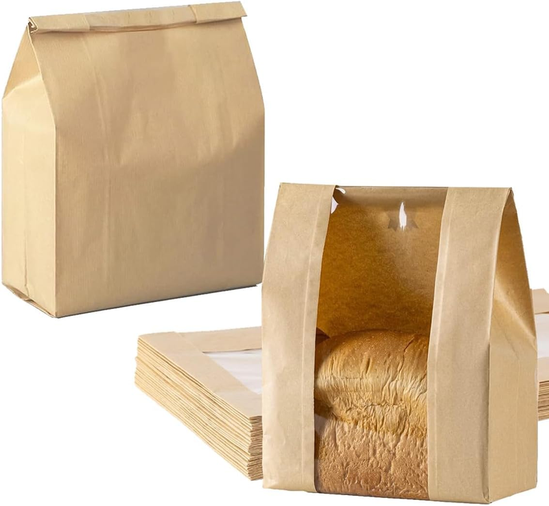 50Pcs Kraft Paper Bread Bags with Window Breathable Bakery Bags for Homemade Sou