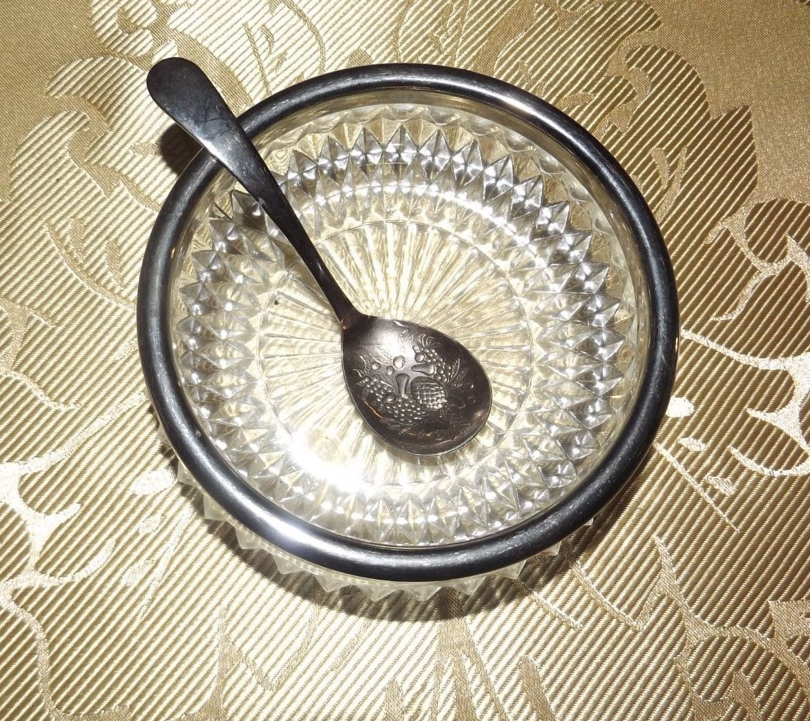 Vintage Heavy Glass W/Diamond Pattern Sugar/Sauce Dish W/Spoon-Made In England