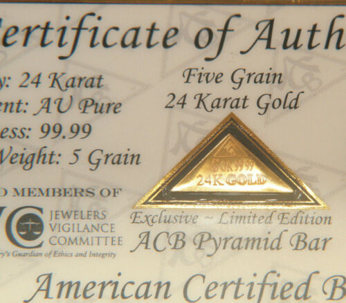 ACB GOLD PYRAMID 5GRAIN 24K SOLID BULLION ~ BAR 9999 FINE With COA..