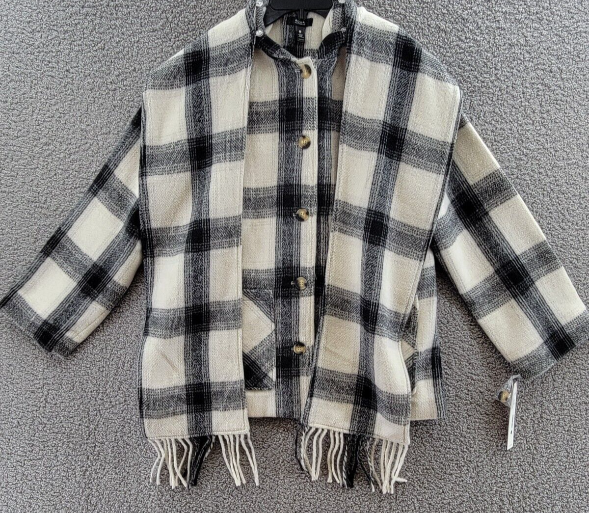 AQUA Scarf Collar Coat Women's S Black/White Check Wool Blend Patch Pocket L/S - Picture 1 of 12