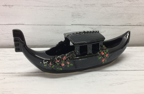 Vintage Mid Century McCoy Black Gondola Boat Pink Roses Planter Vase