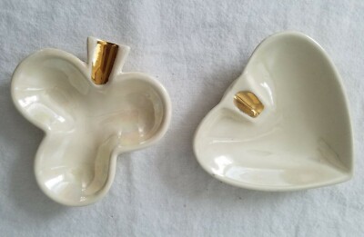 Two Iridescent Pottery Ash Trays Shaped Like a Club and Heart