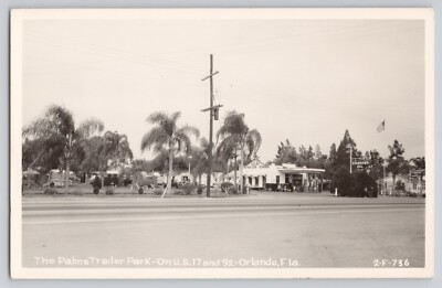 RPPC Postcard Palms Trailer Park Orlando FL 1940s Standard Oil Service Station