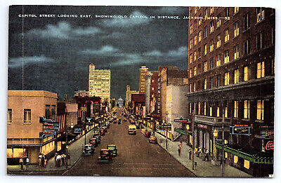 Capitol Street Night Jackson Mississippi Linen Postcard A339