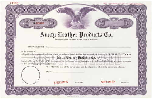 Amity Leather Products Co. Stock Certificate