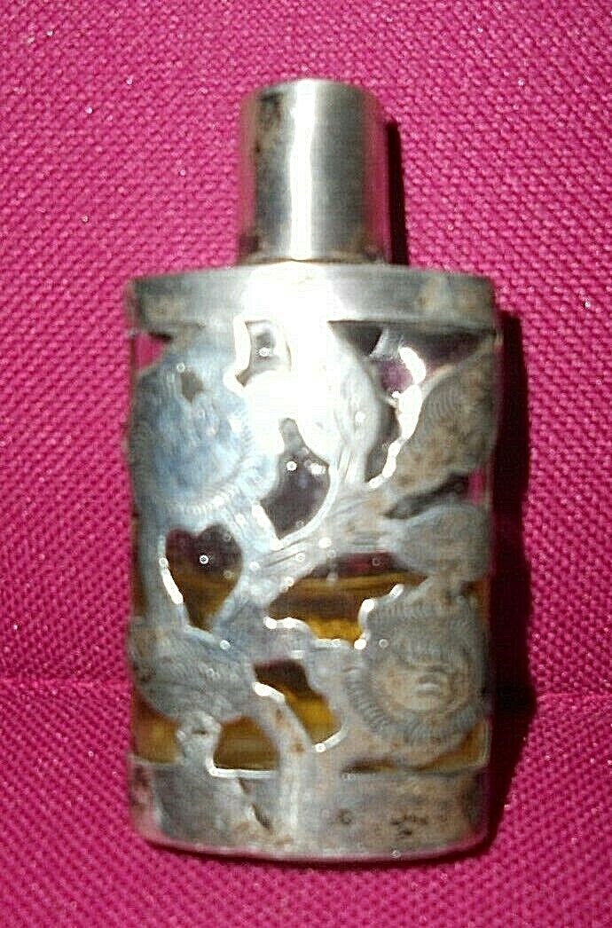 VINTAGE STERLING SILVER OVERLAY GLASS PERFUME BOTTLE SCENT FLASK Taxco Mexico