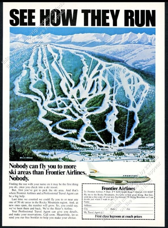 1977 ski area mountain skiing trails art Frontier Airlines vintage print ad