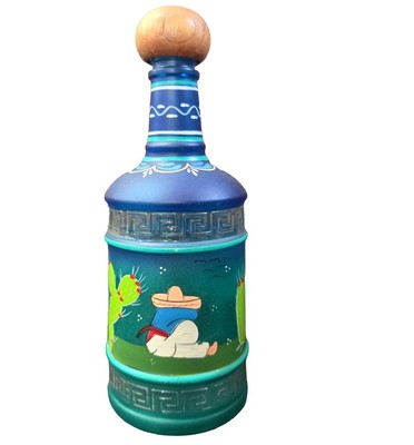 Hand-Painted Glass Tequila Bottle Decanter, Agave Farmer, Cactus 12  VGC
