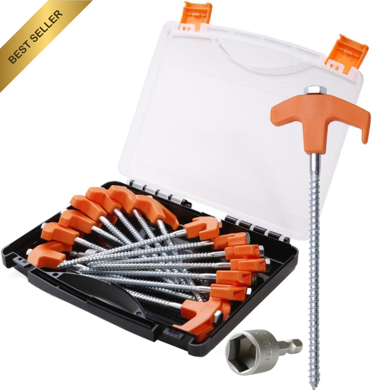 Screw in Tent Peg 16-Piece Set, Heavy-Duty Drill-In Ground Anchors for Camping &