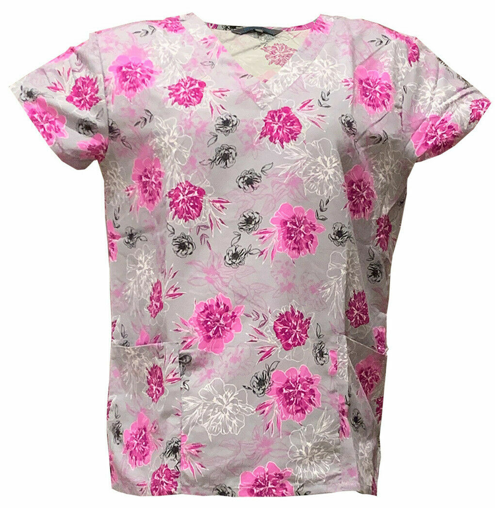 

Женский медицинский скраб из ультрамягкой микрофибры, серая основа, розовый, белый, поток, Многоцветный