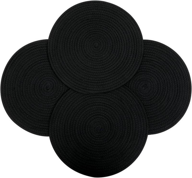 4 Pack round Woven Placemats,13.8 Inch Plate Chargers Black Thick Place Mats Cot