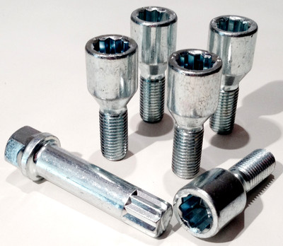 alloy wheel tuner slim bolts nuts lugs, M12 x 1.5, 26mm thread + Star key x 5