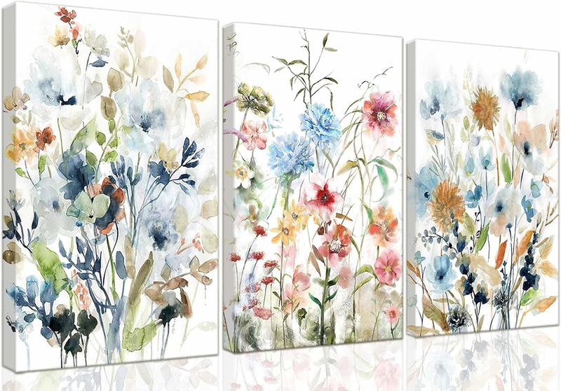 3-Pieces Set Framed Watercolor Daisy Flower Canvas Wall Art Colorful Plant Decor Girls Pink Wildflower Pictures Green Leaves Rustic Art Purple Printing Farmhouse Decor Living Room Bedroom Bathroom