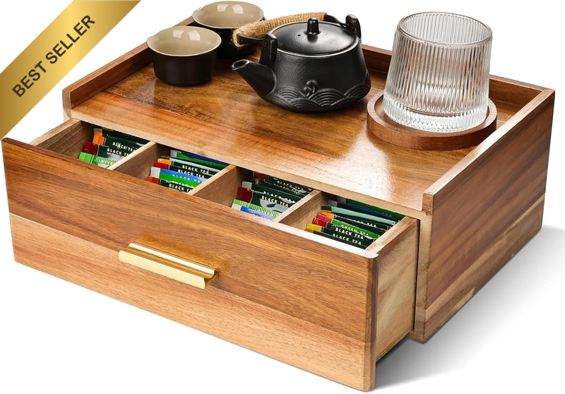 Tea Bag Organizer, Acacia Wood Tea Organizers and Storage Box with 12 Compartmen