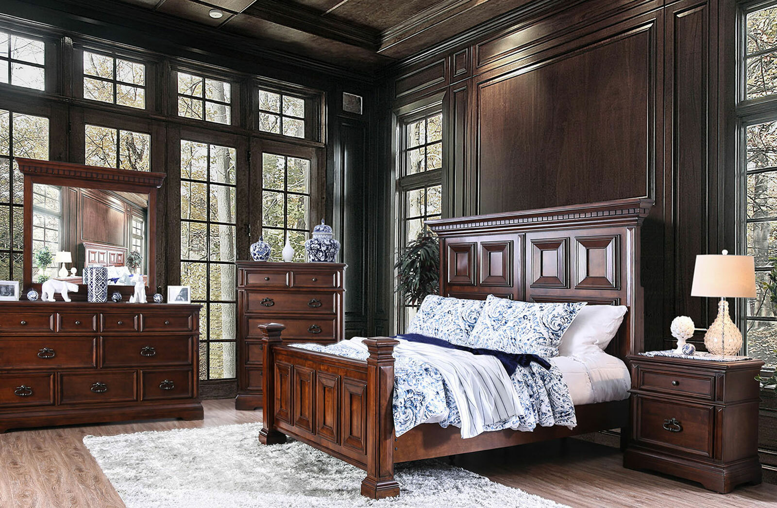 New Traditional Dark Brown Bedroom Furniture 5pc King Size Mansion Bed Set Dah