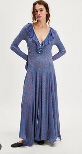 Free People Annalise Waffle Thermal Ruffles Bell Sleeve Godet Maxi Dress XL