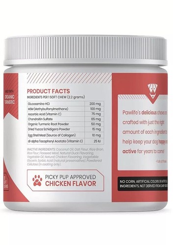 Paw life advanced Hip & Joint Soft Chews Organic Turmeric Glucosamine MSM Vit C