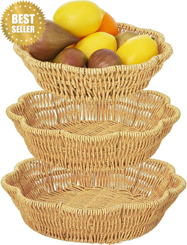 3 Pack Wicker Bread Baskets, Faux Rattan Woven Fruit Baskets in Fan Shape, Stack