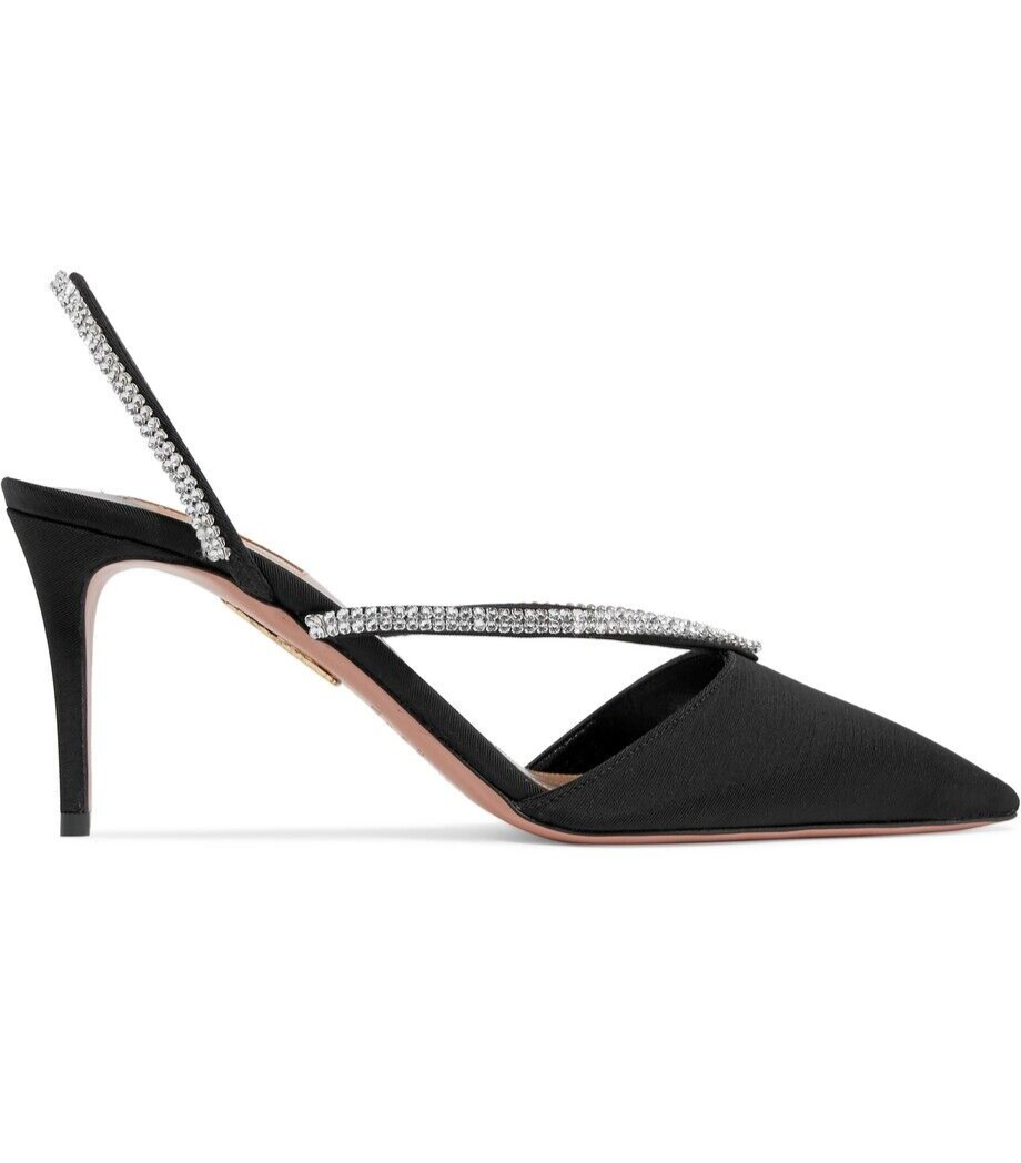 AQUAZZURA Eden 85 Crystal-Embellished Faille Black Slingback