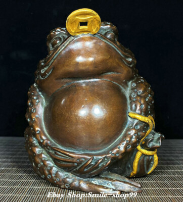 5.7" Qianlong Dynasty Bronze Gild Fengshui Zhaocai Golden Toad Coin Statue