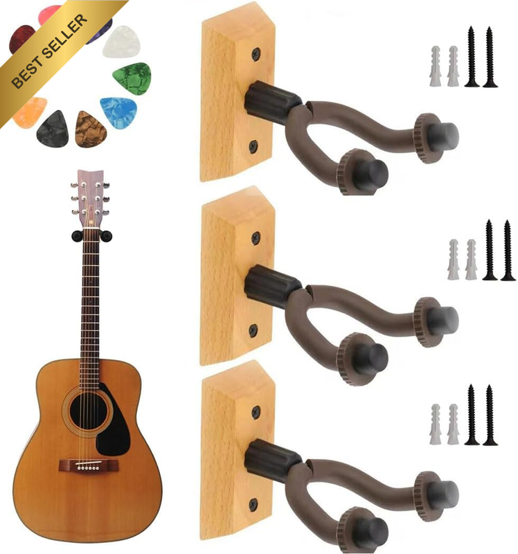 3x Guitar Wall Mount Hanger Adjustable Hardwood Hook with 10 Picks