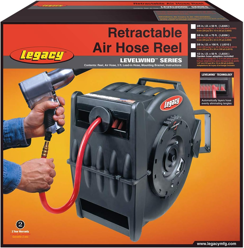 Legacy Levelwind Retractable Air Hose Reel, 3/8 In. X 100 Ft., PVC - L8310
