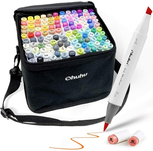 120-Color Alcohol Art Markers Set, Ohuhu Dual Tip Brush & Chisel with 1 Blender