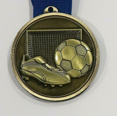 Soccer / Football Medal  Antique Gold 50mm With Neck Ribbon Engraved FREE