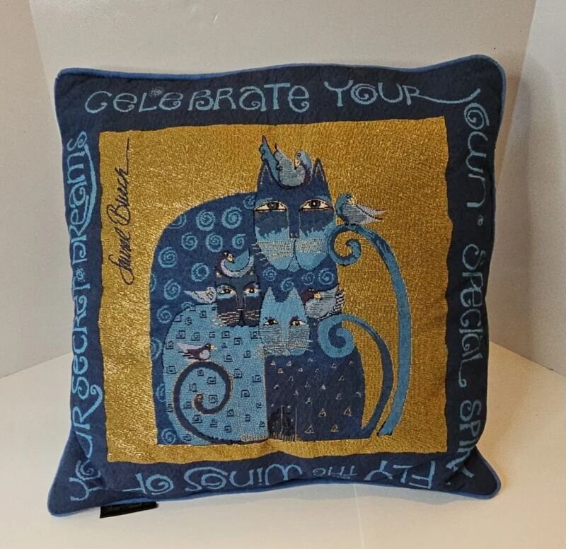 Laurel Burch Blue Indigo Cats Tapestry Throw Pillow Metallic Gold Accents 17"Sq