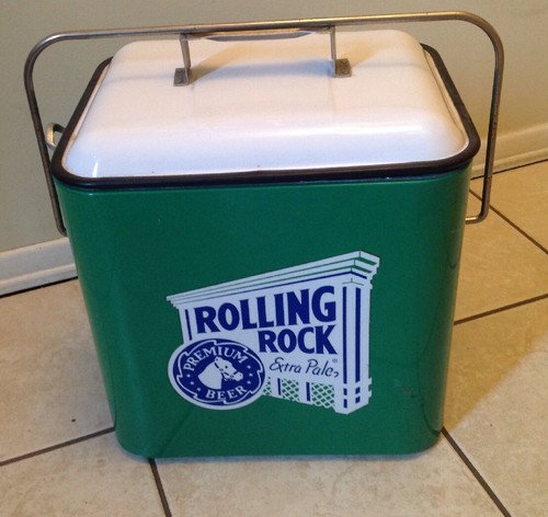 Vintage 1950's Steel Rolling Rock Beer Cooler Ice Chest W/Bottle Opener On Side!