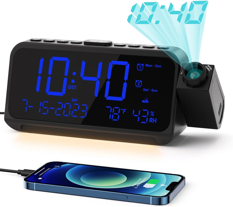 Projection Alarm Clock for Bedroom, Digital Clock with Projector on Ceiling Wall