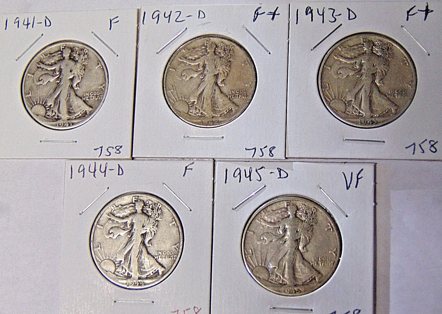 Lot of 5 Walking Liberty Half Dollars 1941-D 1942-D 1943-D 1944-D 1945-D Fine