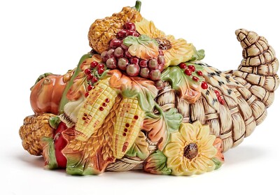 Fitz and Floyd Fall Harvest Cornucopia Cookie Jar Ceramic Figurine, 12 inch