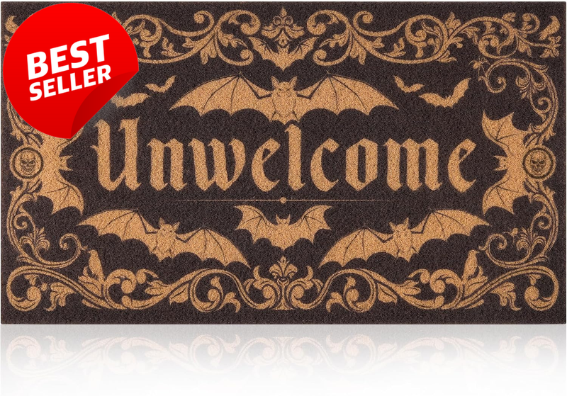 Black Gothic Bat Door Mat Skull Coir Entry Rug Non Slip Halloween Decor - US