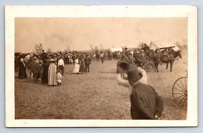 Vintage RPPC Large Crowd Gathered Around Tents Horse Buggies Busy N16