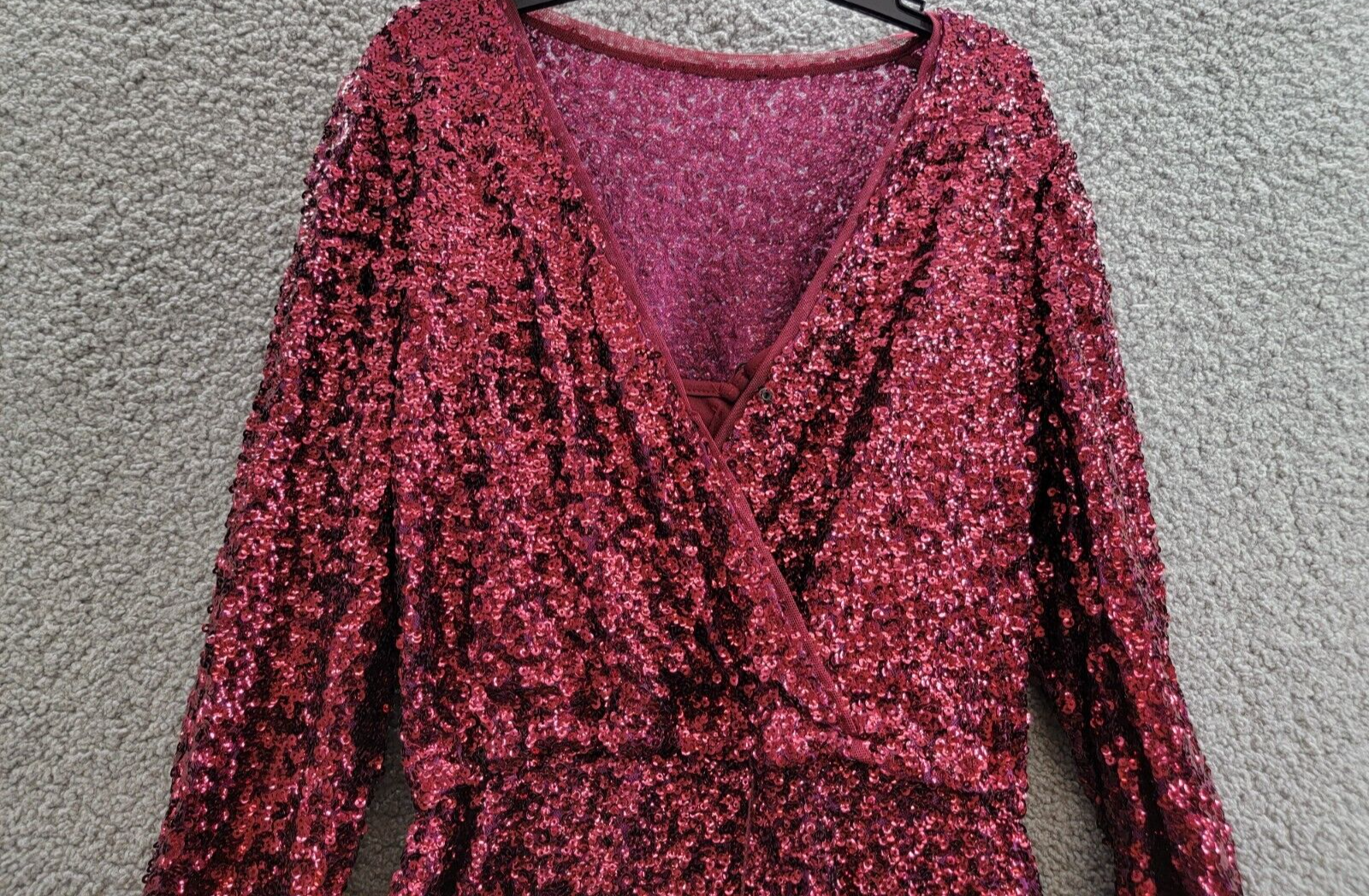 Betsy & Adam Sequin Belted Long-Sleeve Dress Women's 6 Plum V-Neck Snap Pullover - Picture 3 of 16