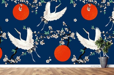 3D Crane Sun Floral Self-adhesive Removeable Wallpaper Wall Mural1