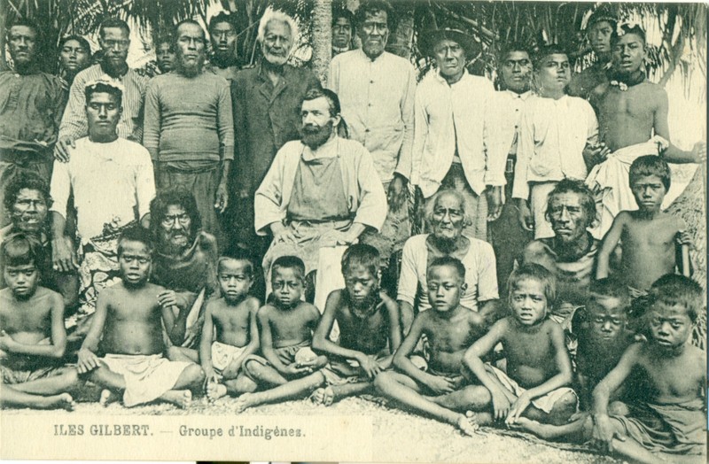 Postcard 1909 Kiribati Gilbert Islands Missionary With Group Of Indigenous Male