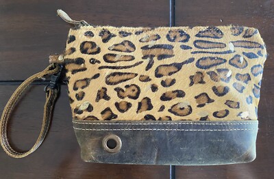Myra Leopard Print Canvas Leather Cowhide Gold Emboss. Accent Wristlet Bag Pouch